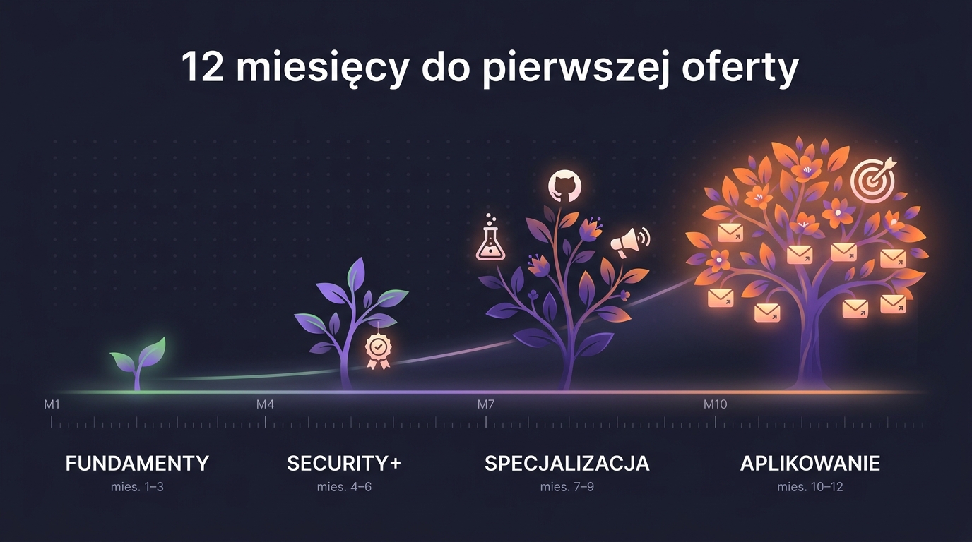 12 miesięcy do pierwszej oferty — drzewko rośnie od kiełka (Fundamenty, M1-3) przez młodą roślinę z certyfikatem (Security+, M4-6), rozgałęzioną z lab/GitHub/networking (Specjalizacja, M7-9) do dojrzałego drzewa z owocami-aplikacjami i celownikiem (Aplikowanie, M10-12)