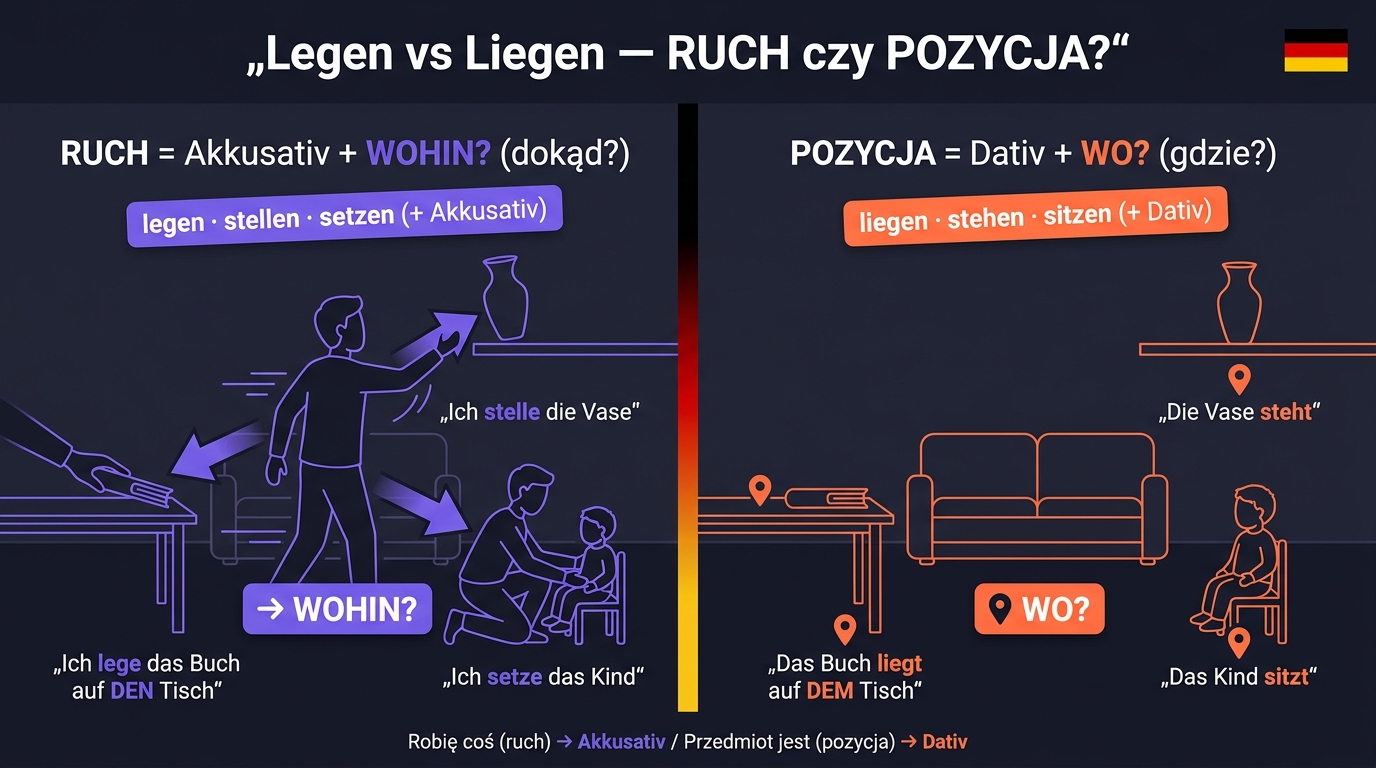 Legen vs Liegen po niemiecku — przeprowadzka (ruch: legen, stellen, setzen + Akkusativ + wohin) vs urządzony pokój (pozycja: liegen, stehen, sitzen + Dativ + wo)