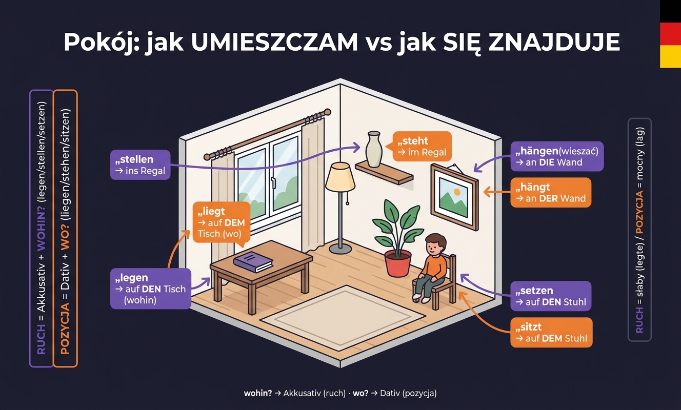 Pokój pokazujący jak UMIESZCZAM (ruch, Akkusativ, wohin: legen, stellen, setzen, hängen) kontra jak coś SIĘ ZNAJDUJE (pozycja, Dativ, wo: liegen, stehen, sitzen, hängt) na przykładach stołu, regału, krzesła i obrazu