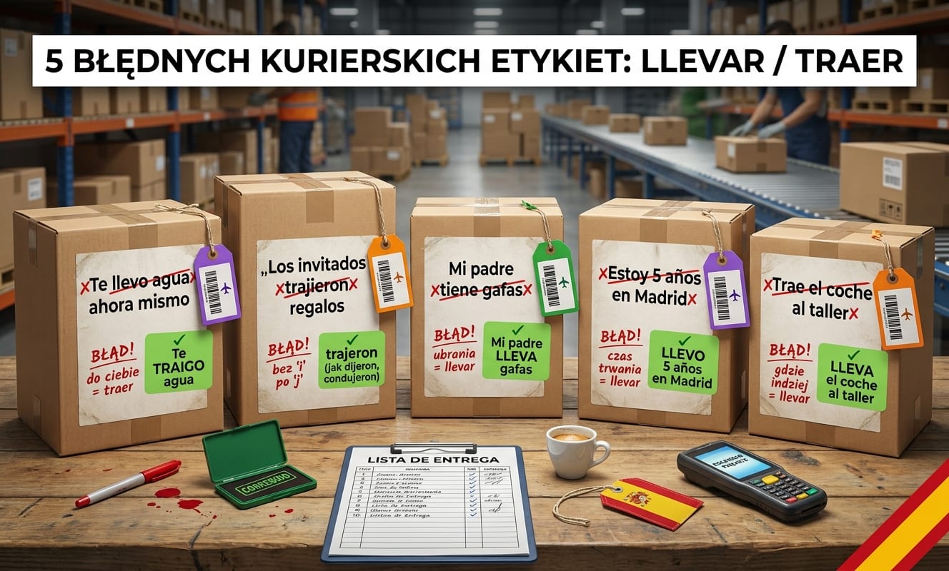 5 błędów Polaków z llevar / traer / pretérito / ubrania / czas trwania — 5 kartonów kurierskich na sortowni magazynu z czerwonymi etykietami błędów i zielonymi poprawkami: „Te llevo agua