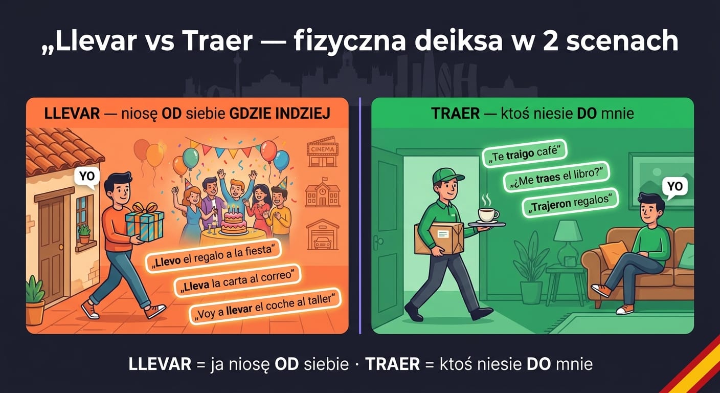 Llevar vs Traer po hiszpańsku — dwa panele side-by-side: po lewej LLEVAR (pomarańczowy) — postać „YO