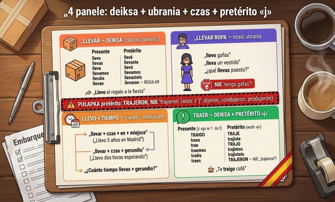 Llevar vs Traer — cheat sheet 4 panele na clipboardzie magazynu: LLEVAR — DEIKSA (presente + pretérito regularne + „Llevo el regalo a la fiesta