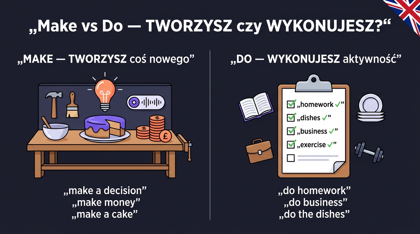 Make vs Do po angielsku — warsztat (Make = tworzenie nowego rezultatu) vs lista zadań do odhaczenia (Do = wykonywanie aktywności)