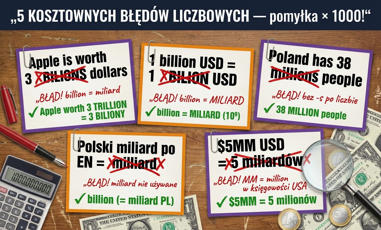 5 kart z kosztownymi błędami liczbowymi — pomyłka × 1000! CARD 1: Apple is worth 3 ✗BILIONS✗ dollars → BŁĄD! billion = miliard → ✓ Apple worth 3 TRILLION = 3 BILIONY; CARD 2: 1 billion USD = 1 ✗BILION✗ USD → BŁĄD! billion = MILIARD → ✓ billion = MILIARD (10⁹); CARD 3: Poland has 38 ✗millions✗ people → BŁĄD! bez -s po liczbie → ✓ 38 MILLION people; CARD 4: Polski miliard po EN = ✗milliard✗ → BŁĄD! milliard nie używane → ✓ billion (= miliard PL); CARD 5: $5MM USD = ✗5 miliardów✗ → BŁĄD! MM = million w księgowości USA → ✓ $5MM = 5 milionów