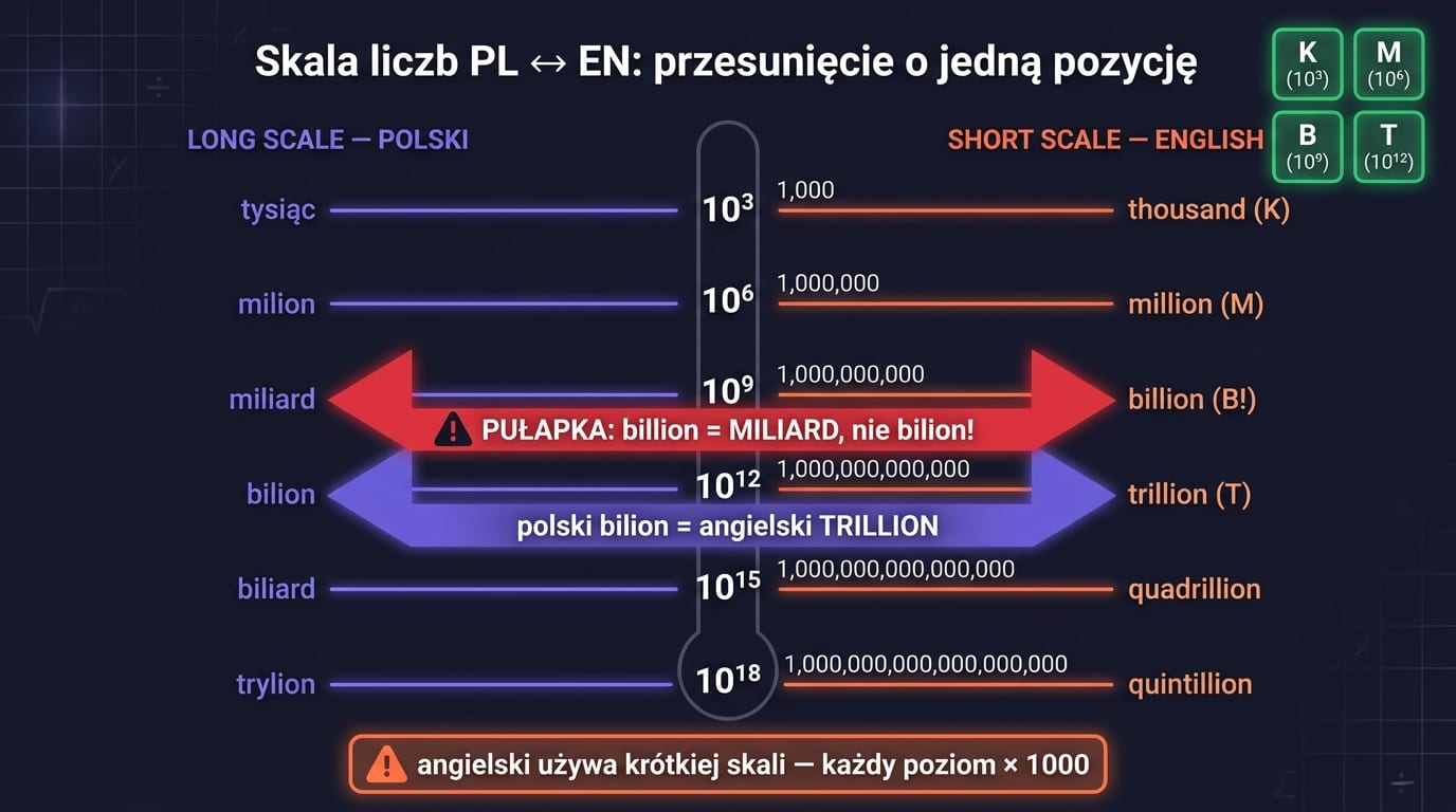 Million, billion, trillion + skróty K, M, B, T — porównanie liczb po angielsku, short scale vs long scale, pułapka billion vs miliard