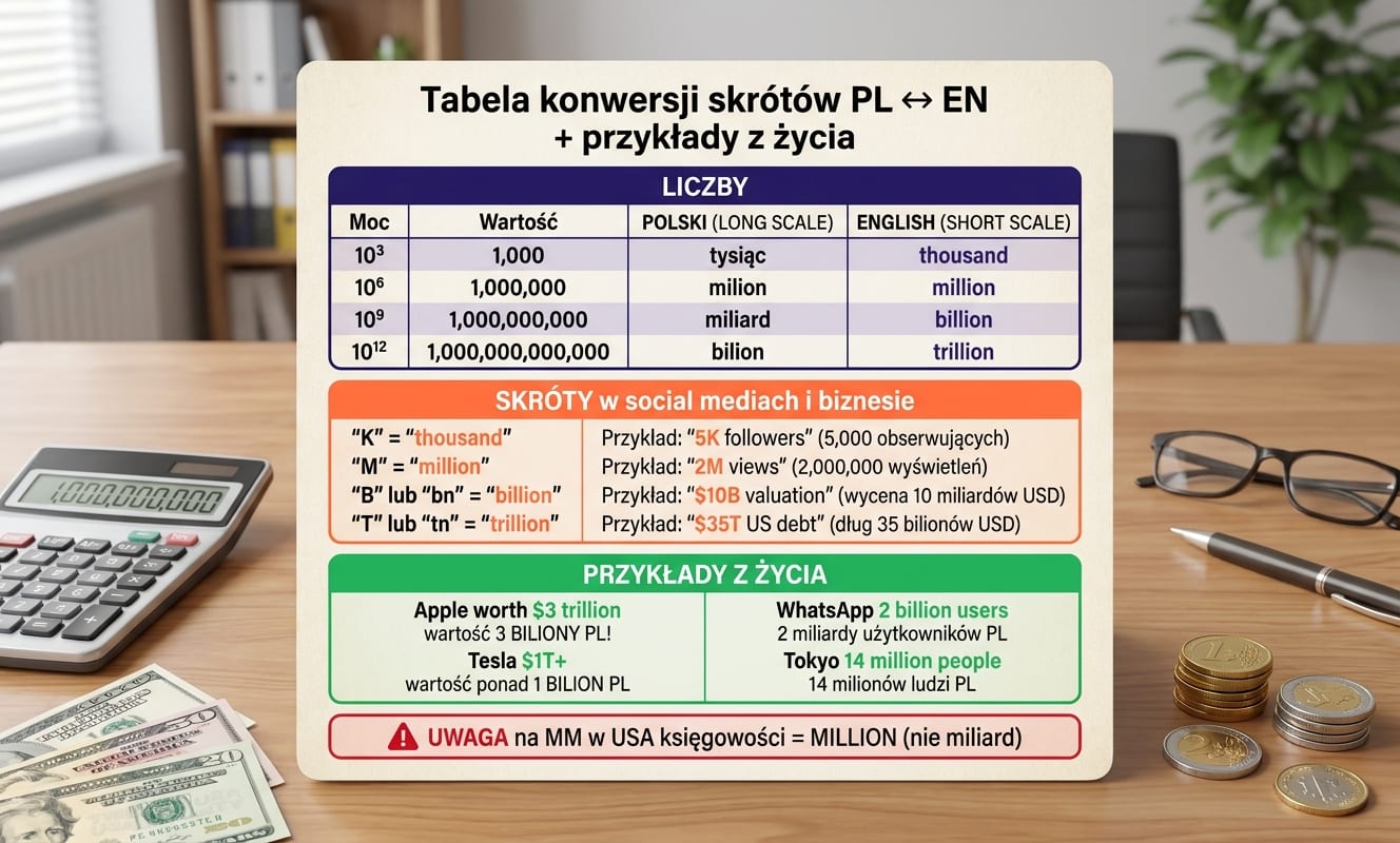 Drewniana tabela konwersji skrótów PL ↔ EN na biurku z kalkulatorem, banknotami i monetami: sekcja LICZBY (10³ tysiąc/thousand, 10⁶ milion/million, 10⁹ miliard/billion, 10¹² bilion/trillion z long scale PL i short scale EN), sekcja SKRÓTY w social mediach i biznesie (K=thousand, M=million, B/bn=billion, T/tn=trillion z przykładami 5K followers, 2M views, $10B valuation, $35T US debt), sekcja PRZYKŁADY Z ŻYCIA (Apple worth $3 trillion = 3 BILIONY PL, Tesla $1T+, WhatsApp 2 billion users = 2 miliardy PL, Tokyo 14 million people = 14 milionów PL), ostrzeżenie UWAGA na MM w USA księgowości = MILLION (nie miliard)