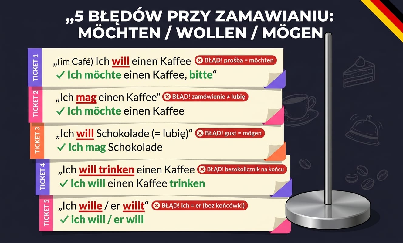 Pięć karteczek zamówień nabitych na metalowy kelnerski kolec, z błędami möchten/wollen/mögen: (im Café) Ich will einen Kaffee → ✓ Ich möchte (prośba = möchten); Ich mag einen Kaffee → ✓ Ich möchte (zamówienie ≠ lubię); Ich will Schokolade (= lubię) → ✓ Ich mag (gust = mögen); Ich will trinken einen Kaffee → ✓ Ich will einen Kaffee trinken (bezokolicznik na końcu); Ich wille / er willt → ✓ ich will / er will (ich = er bez końcówki)