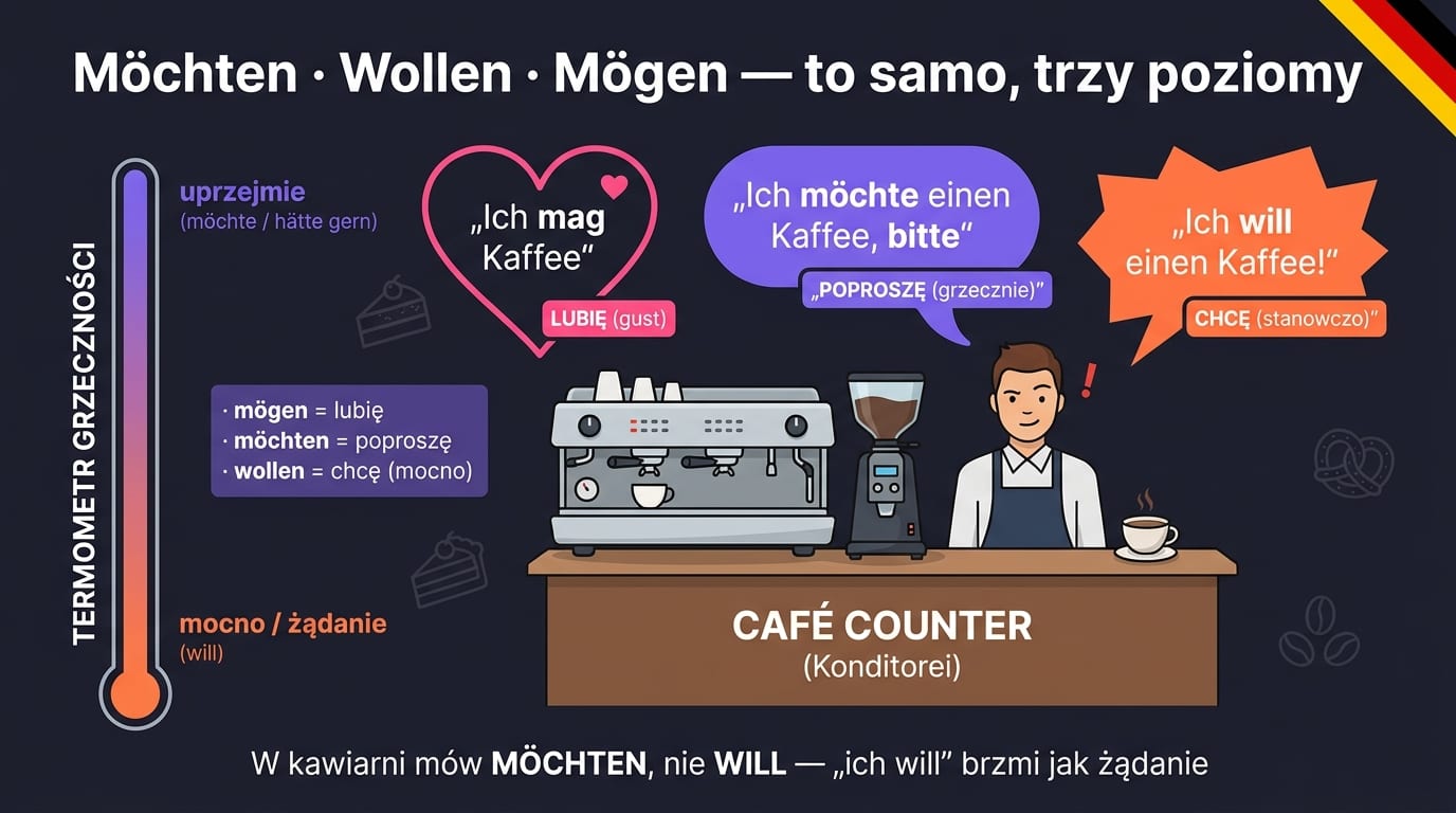 Möchten vs Wollen vs Mögen po niemiecku — lada w kawiarni: trzy dymki nad klientami, mögen = lubię, möchten = poproszę (grzecznie), wollen = chcę (stanowczo)