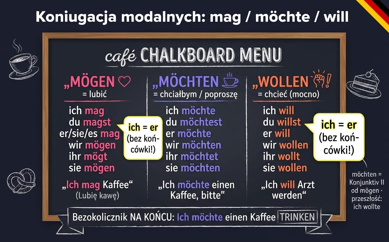 Kawiarniana tablica menu (chalkboard) z trzema kolumnami: MÖGEN ♡ = lubić (ich mag, du magst, er mag, wir mögen, ihr mögt, sie mögen; „Ich mag Kaffee”), MÖCHTEN ☕ = chciałbym/poproszę (ich möchte, du möchtest, er möchte, wir möchten, ihr möchtet, sie möchten; „Ich möchte einen Kaffee, bitte”), WOLLEN ✊! = chcieć mocno (ich will, du willst, er will, wir wollen, ihr wollt, sie wollen; „Ich will Arzt werden”). Callout „ich = er (bez końcówki!)” + dolny banner „Bezokolicznik NA KOŃCU: Ich möchte einen Kaffee TRINKEN”