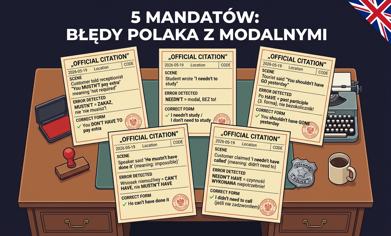 Pięć najczęstszych błędów Polaków z angielskimi modalnymi przeczeniami — mandaty z mylnym użyciem mustn't zamiast don't have to, needn't, shouldn't have i can't have, z poprawnymi formami