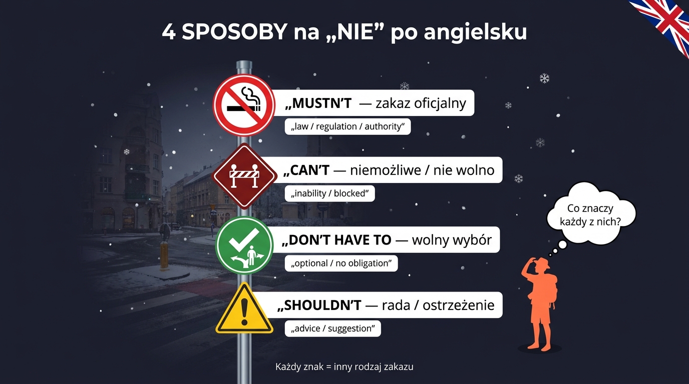 Modalne przeczenia po angielsku — 4 znaki drogowe pokazujące różnicę: STOP (mustn't), niemożliwe (can't), opcjonalne (don't have to), ostrzeżenie (shouldn't)