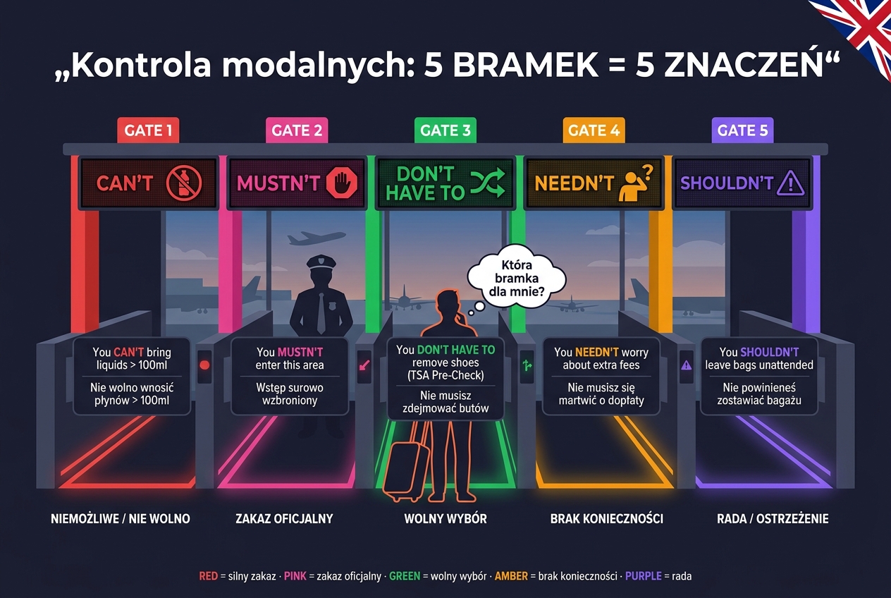 Kontrola modalnych — 5 bramek lotniskowych jako znaczenia przeczeń: CAN'T (niemożliwe), MUSTN'T (zakaz oficjalny), DON'T HAVE TO (wolny wybór), NEEDN'T (brak konieczności), SHOULDN'T (rada/ostrzeżenie) z przykładami zdań
