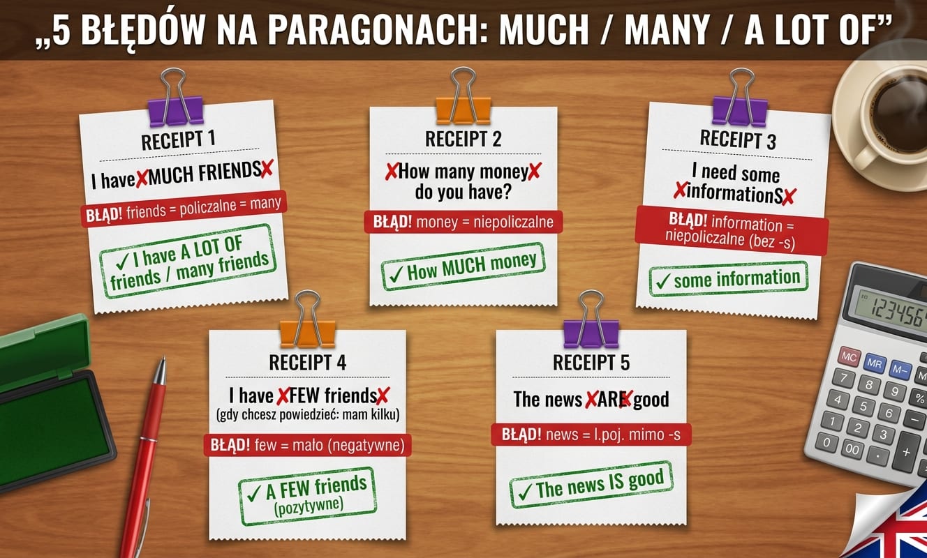 5 paragonów z błędami much/many/a lot of: RECEIPT 1 I have ✗MUCH FRIENDS✗ → BŁĄD! friends = policzalne = many → ✓ I have A LOT OF friends / many friends; RECEIPT 2 ✗How many money✗ do you have? → BŁĄD! money = niepoliczalne → ✓ How MUCH money; RECEIPT 3 I need some ✗informationS✗ → BŁĄD! information = niepoliczalne (bez -s) → ✓ some information; RECEIPT 4 I have ✗FEW friends✗ (gdy chcesz powiedzieć: mam kilku) → BŁĄD! few = mało (negatywne) → ✓ A FEW friends (pozytywne); RECEIPT 5 The news ✗ARE✗ good → BŁĄD! news = l.poj. mimo -s → ✓ The news IS good