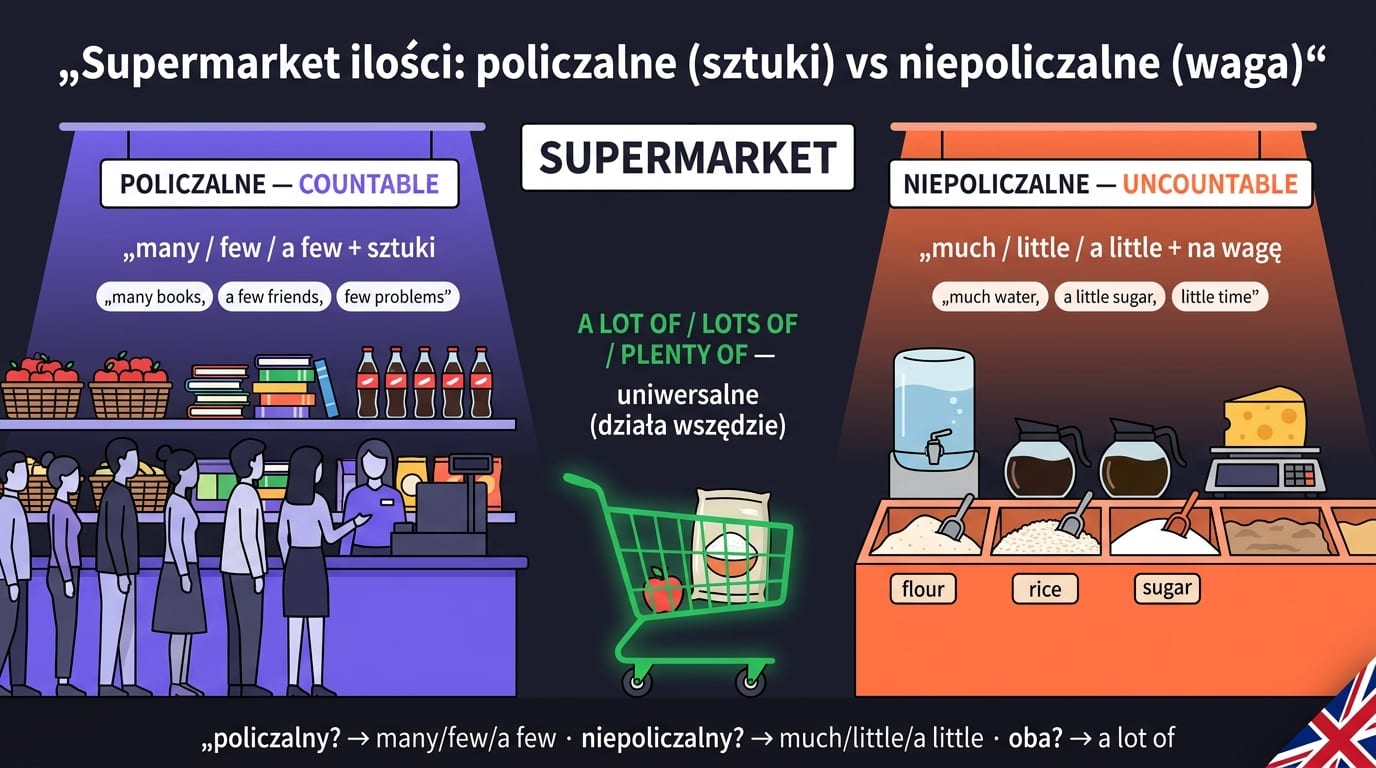 Much, Many, A Lot of, Few, Little — supermarket z dwoma strefami: produkty na wagę (woda, mąka, ryż — niepoliczalne, much/little) vs produkty na sztuki (jabłka, książki, ludzie — policzalne, many/few). Centralny koszyk A LOT OF działa wszędzie