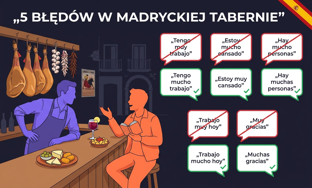 Pięć najczęstszych błędów Polaków przy muy vs mucho — kafelki z czerwonymi przekreśleniami i zielonymi poprawkami