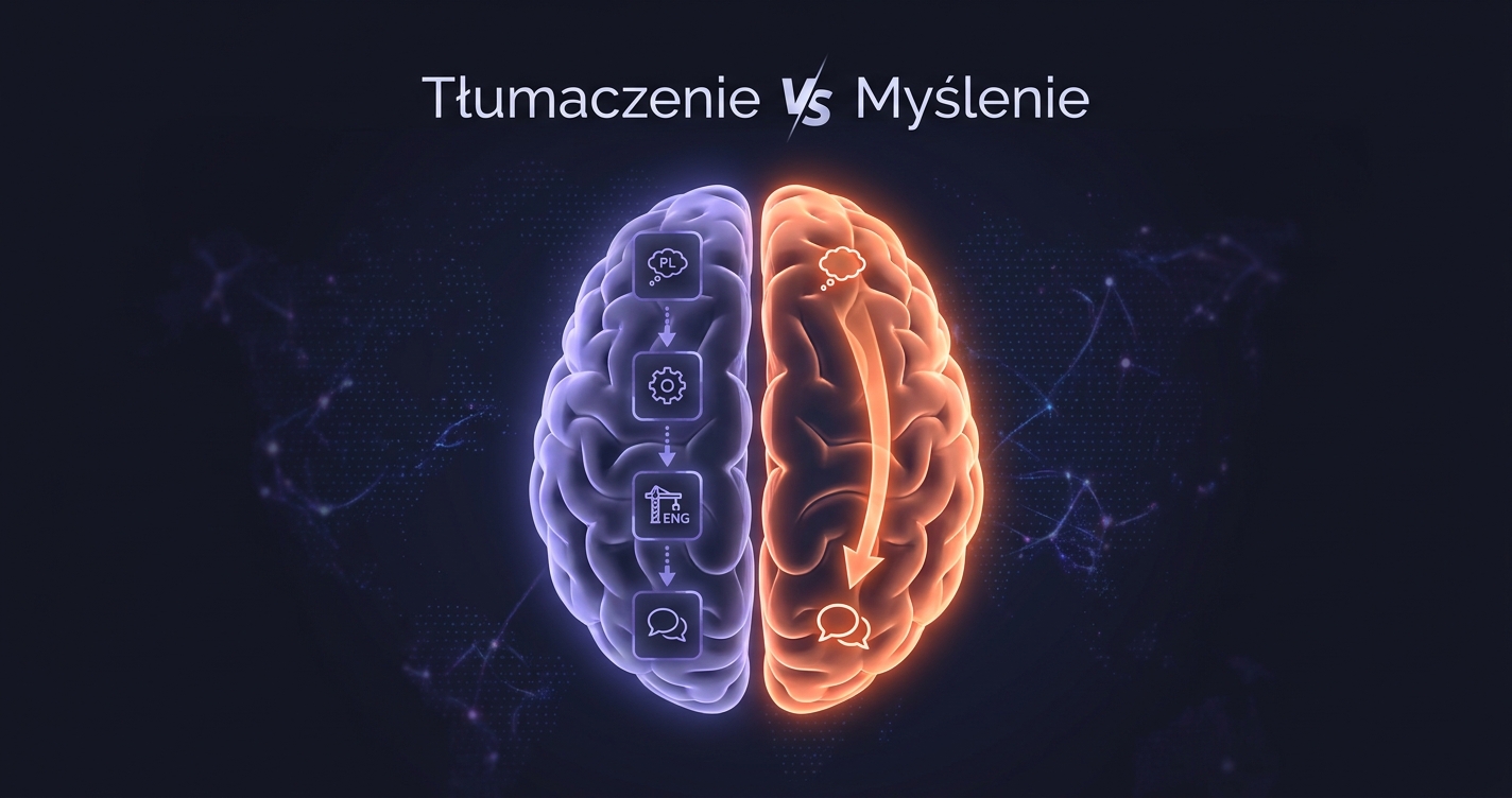 Myślenie po angielsku — split brain z dwoma półkulami: lewa pokazuje powolny proces tłumaczenia PL → EN przez 4 kroki, prawa pokazuje szybką bezpośrednią myśl EN → wypowiedź