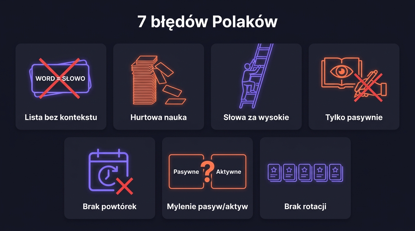 7 błędów Polaków przy nauce list frekwencyjnych: lista bez kontekstu, hurtowa nauka, ignorowanie poziomu, tylko pasywne, pomijanie SRS, mylenie pasywne z aktywne, brak rotacji