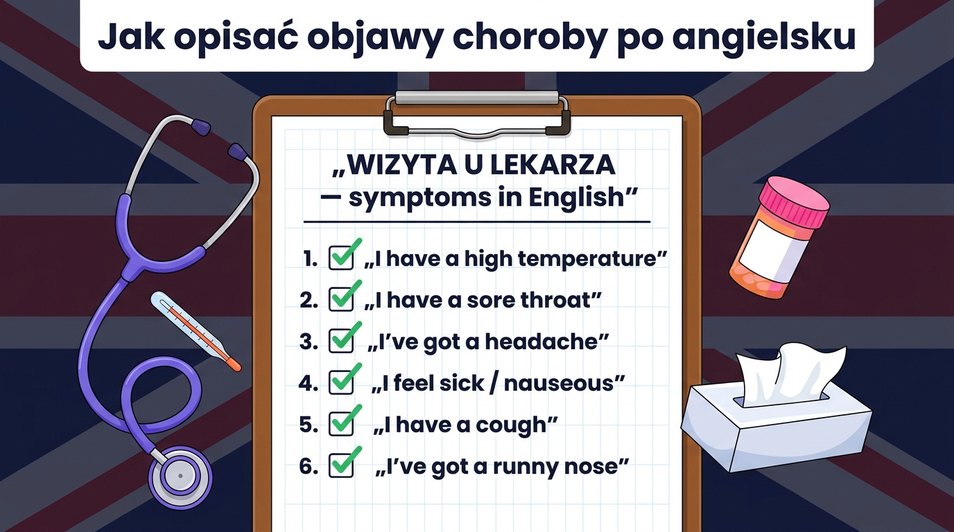 Objawy choroby po angielsku — ikony termometru, kaszlu, bólu głowy, mdłości i innych objawów z polskimi i angielskimi nazwami