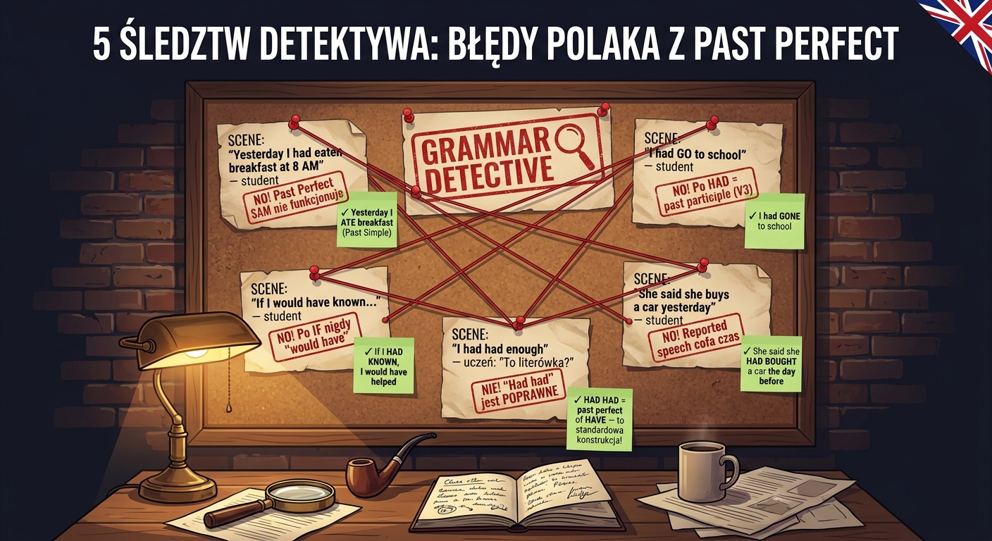 Pięć śledztw detektywa gramatyki — najczęstsze błędy Polaków z Past Perfect na tablicy korkowej: had + past participle (V3) zamiast bezokolicznika, brak Past Perfect przy wcześniejszej akcji oraz mowa zależna cofnięta o czas