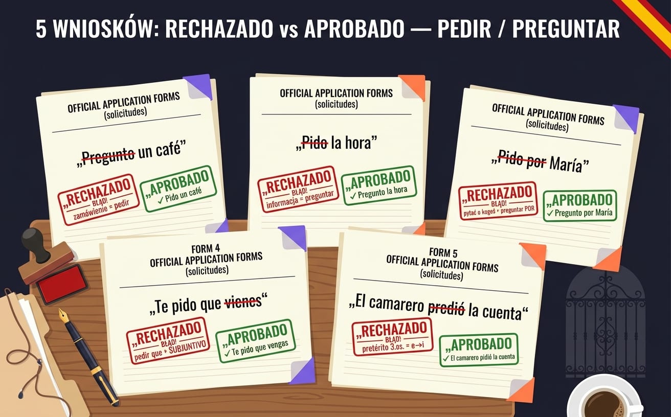 Pięć hiszpańskich wniosków urzędowych (OFFICIAL APPLICATION FORMS / solicitudes) z wielkimi pieczątkami: czerwoną RECHAZADO (z powodem błędu) i zieloną APROBADO (z poprawką). Błędy: Pregunto un café → ✓ Pido un café (zamówienie = pedir); Pido la hora → ✓ Pregunto (informacja = preguntar); Pido por María → ✓ Pregunto por María (pytać o kogoś = preguntar POR); Te pido que vienes → ✓ que vengas (pedir que + SUBJUNTIVO); El camarero predió la cuenta → ✓ pidió (pretérito 3. os. = e→i)