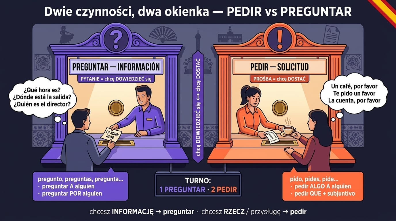 Pedir vs Preguntar po hiszpańsku — biuro obsługi z dwoma okienkami: PREGUNTAR (informacja, znak ?) i PEDIR (formularz prośby, znak !)