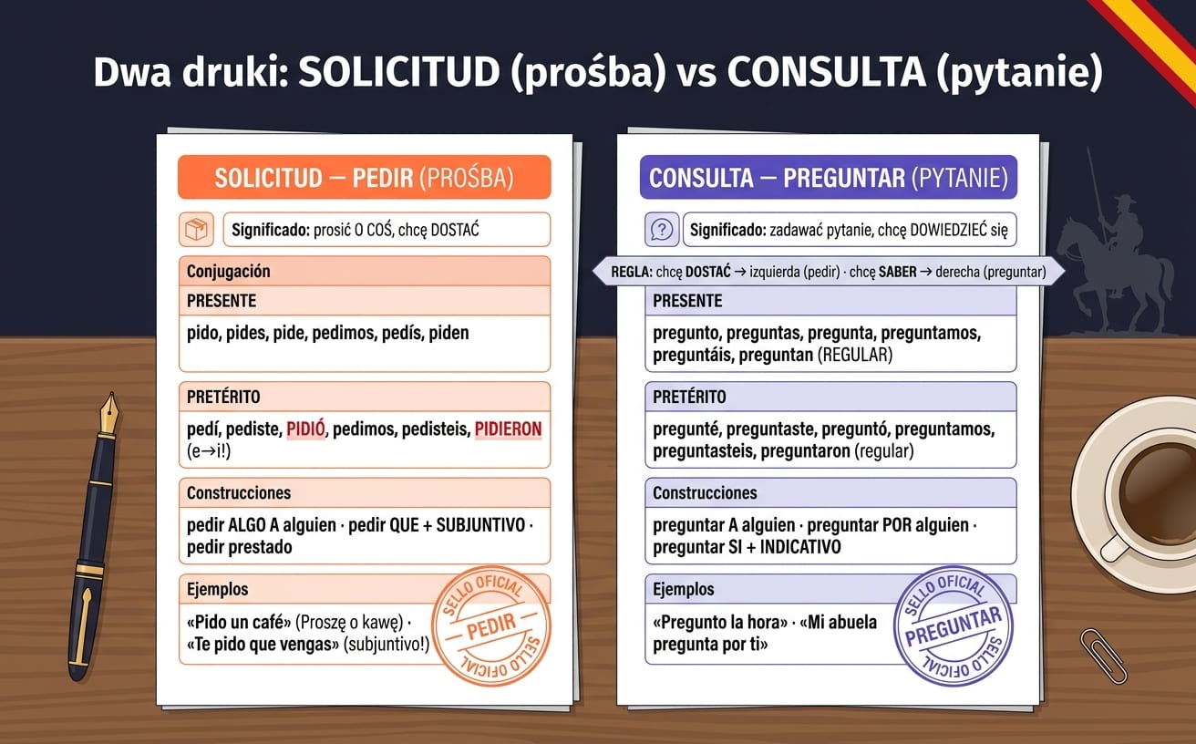 Dwa hiszpańskie druki urzędowe obok siebie: SOLICITUD = PEDIR (PROŚBA — pomarańczowy nagłówek, znaczenie: prosić O COŚ, chcę DOSTAĆ; presente pido/pides/pide/pedimos/pedís/piden; pretérito pedí/pediste/PIDIÓ/pedimos/pedisteis/PIDIERON z e→i!; konstrukcje: pedir ALGO A alguien, pedir QUE + SUBJUNTIVO, pedir prestado) vs CONSULTA = PREGUNTAR (PYTANIE — fioletowy nagłówek, znaczenie: zadawać pytanie, chcę DOWIEDZIEĆ się; presente pregunto/preguntas… REGULAR; preguntar A alguien, preguntar POR alguien, preguntar SI + INDICATIVO). Pieczątka SELLO OFICIAL
