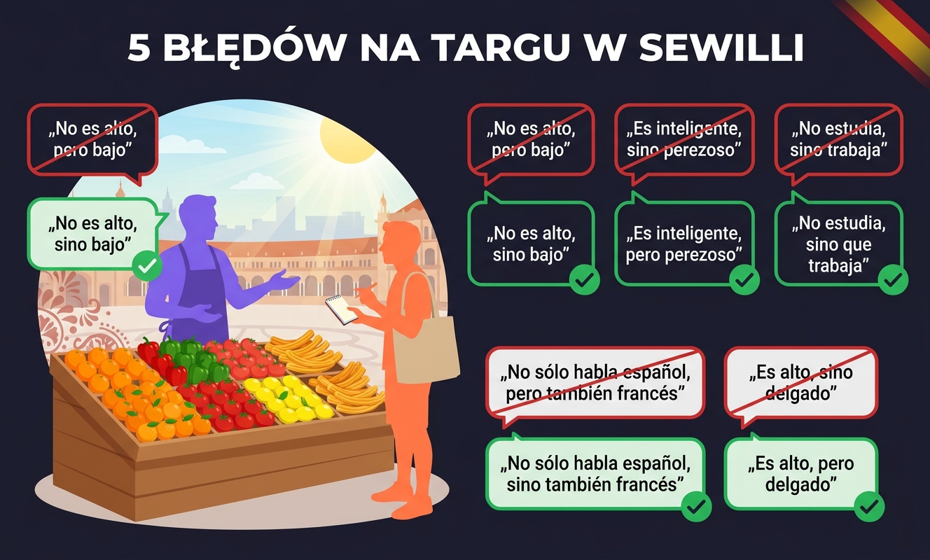 Pięć najczęstszych błędów Polaków przy pero / sino / sino que — kafelki z czerwonymi przekreśleniami i zielonymi poprawkami