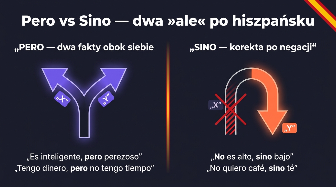 Pero vs Sino po hiszpańsku — rozjazd dróg (pero = dwie równoległe ścieżki kontrastu) vs U-turn (sino = korekta po negacji)