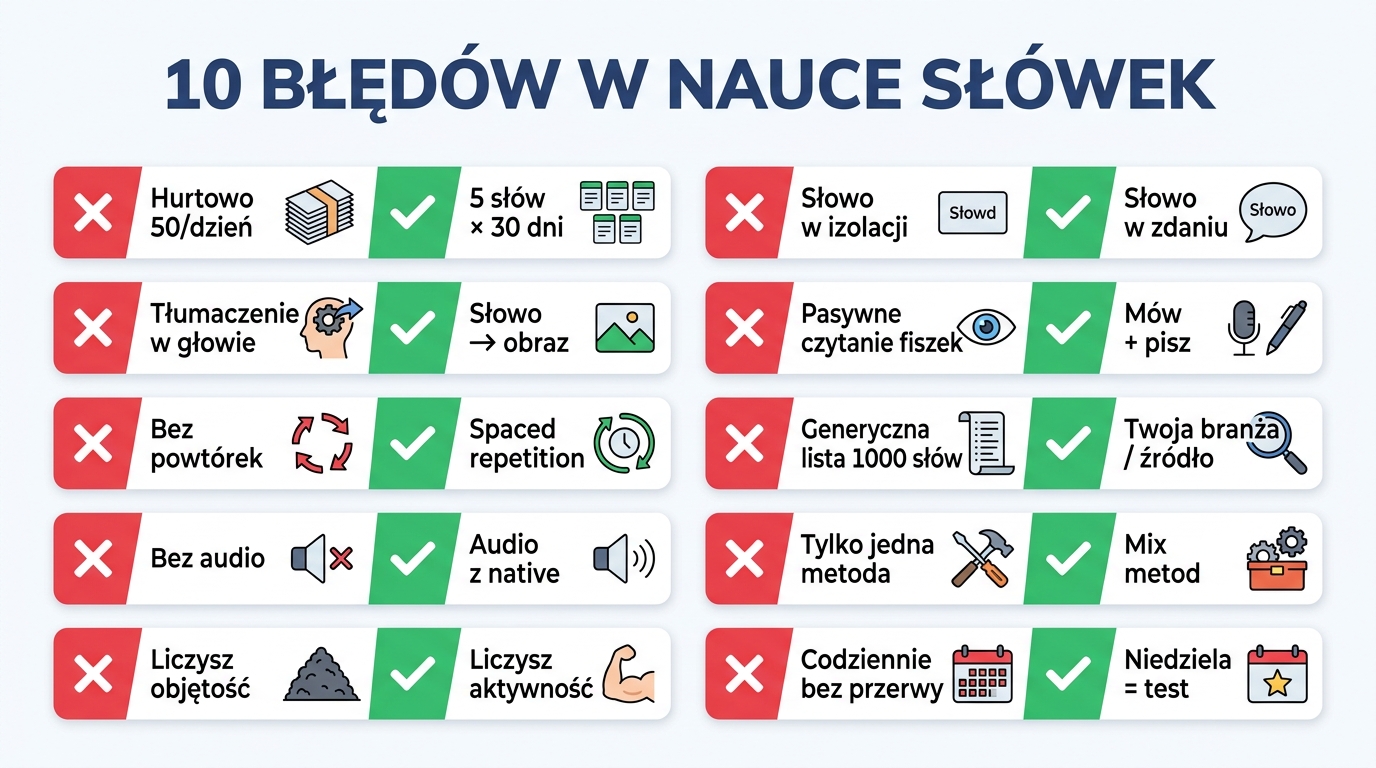 10 błędów w nauce słówek — plakat z parami błąd/poprawa: hurtowo vs 5 słów × 30 dni, słowo w izolacji vs w zdaniu, tłumaczenie w głowie vs słowo→obraz, bez powtórek vs spaced repetition