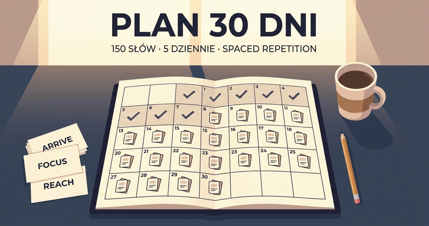 Plan nauki słownictwa w 30 dni — kalendarz z fiszkami, kawa, ołówek