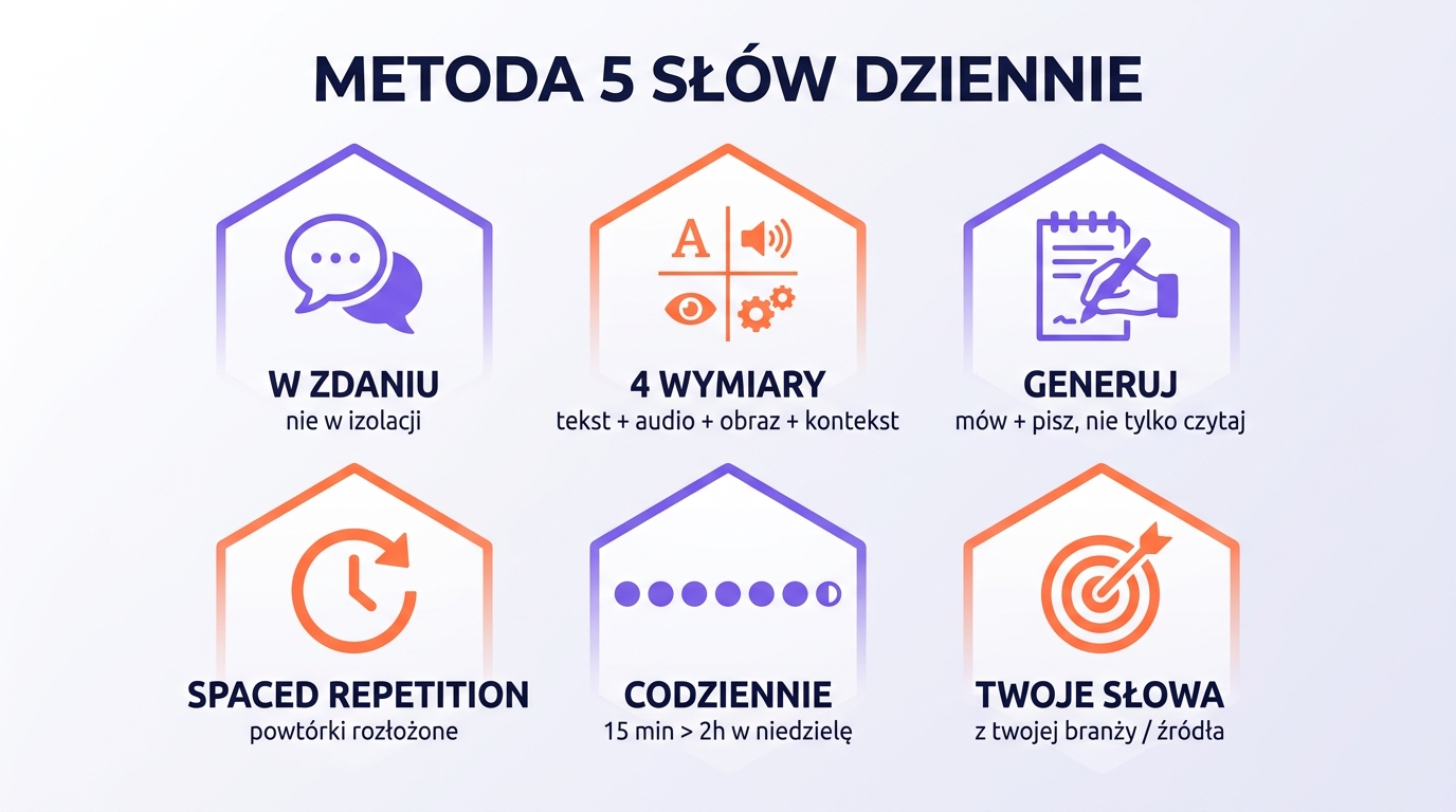 Metoda 5 słów dziennie — 6 zasad w hexagonal grid: w zdaniu, 4 wymiary, generuj, spaced repetition, codziennie, twoje słowa