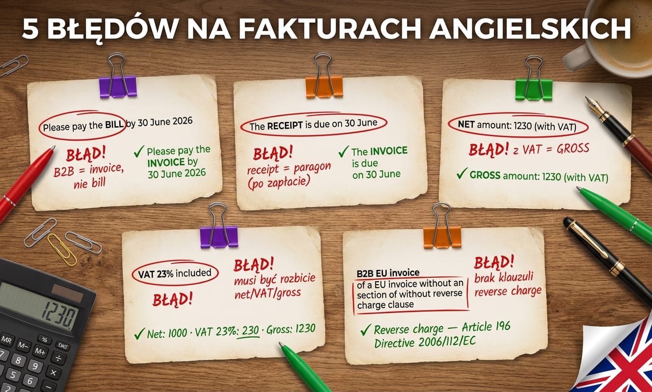 5 kartek-faktur z błędami i czerwonymi adnotacjami na drewnianym biurku: CARD 1 Please pay the ✗BILL✗ by 30 June → BŁĄD! B2B = invoice, nie bill → ✓ Please pay the INVOICE; CARD 2 The ✗RECEIPT✗ is due on 30 June → BŁĄD! receipt = paragon (po zapłacie) → ✓ The INVOICE is due; CARD 3 ✗NET✗ amount: 1230 (with VAT) → BŁĄD! z VAT = GROSS → ✓ GROSS amount: 1230 (with VAT); CARD 4 VAT 23% included (bez rozbicia) → BŁĄD! musi być rozbicie net/VAT/gross → ✓ Net: 1000 · VAT 23%: 230 · Gross: 1230; CARD 5 B2B EU invoice bez klauzuli reverse charge → BŁĄD! brak klauzuli reverse charge → ✓ Reverse charge — Article 196 Directive 2006/112/EC