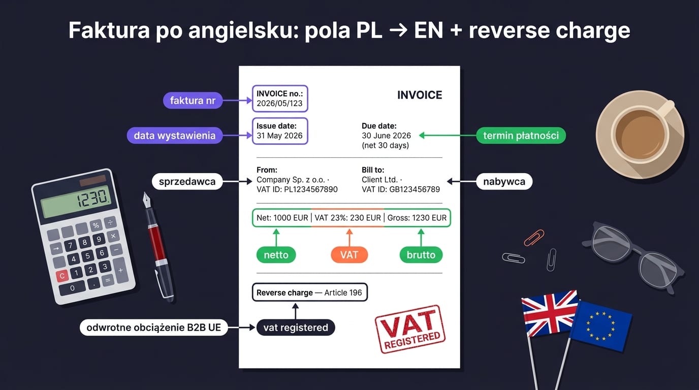 VAT, faktura, podatek po angielsku — biurko księgowej z wypełnioną fakturą angielską: Invoice no., Issue date, Due date, Net / VAT / Gross, plus stempel HMRC / VAT-registered