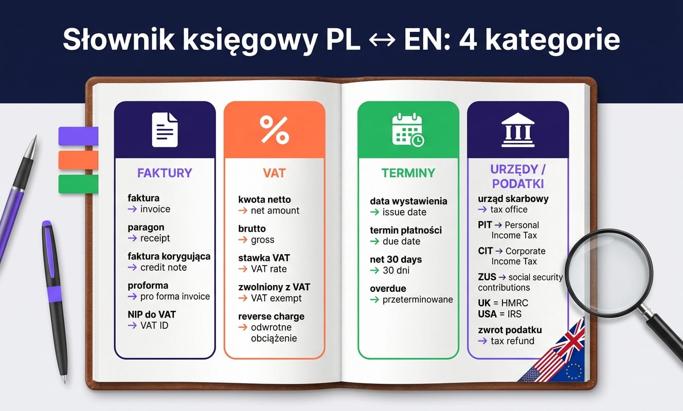 Słownik księgowy PL ↔ EN w otwartym notesie: 4 kategorie z kolorowymi ikonami. FAKTURY (fiolet, ikona dokumentu): faktura → invoice, paragon → receipt, faktura korygująca → credit note, proforma → pro forma invoice, NIP do VAT → VAT ID. VAT (pomarańcz, ikona %): kwota netto → net amount, brutto → gross, stawka VAT → VAT rate, zwolniony z VAT → VAT exempt, reverse charge → odwrotne obciążenie. TERMINY (zielony, ikona kalendarza): data wystawienia → issue date, termin płatności → due date, net 30 days → 30 dni, overdue → przeterminowane. URZĘDY / PODATKI (fiolet, ikona budynku): urząd skarbowy → tax office, PIT → Personal Income Tax, CIT → Corporate Income Tax, ZUS → social security contributions, UK = HMRC, USA = IRS, zwrot podatku → tax refund
