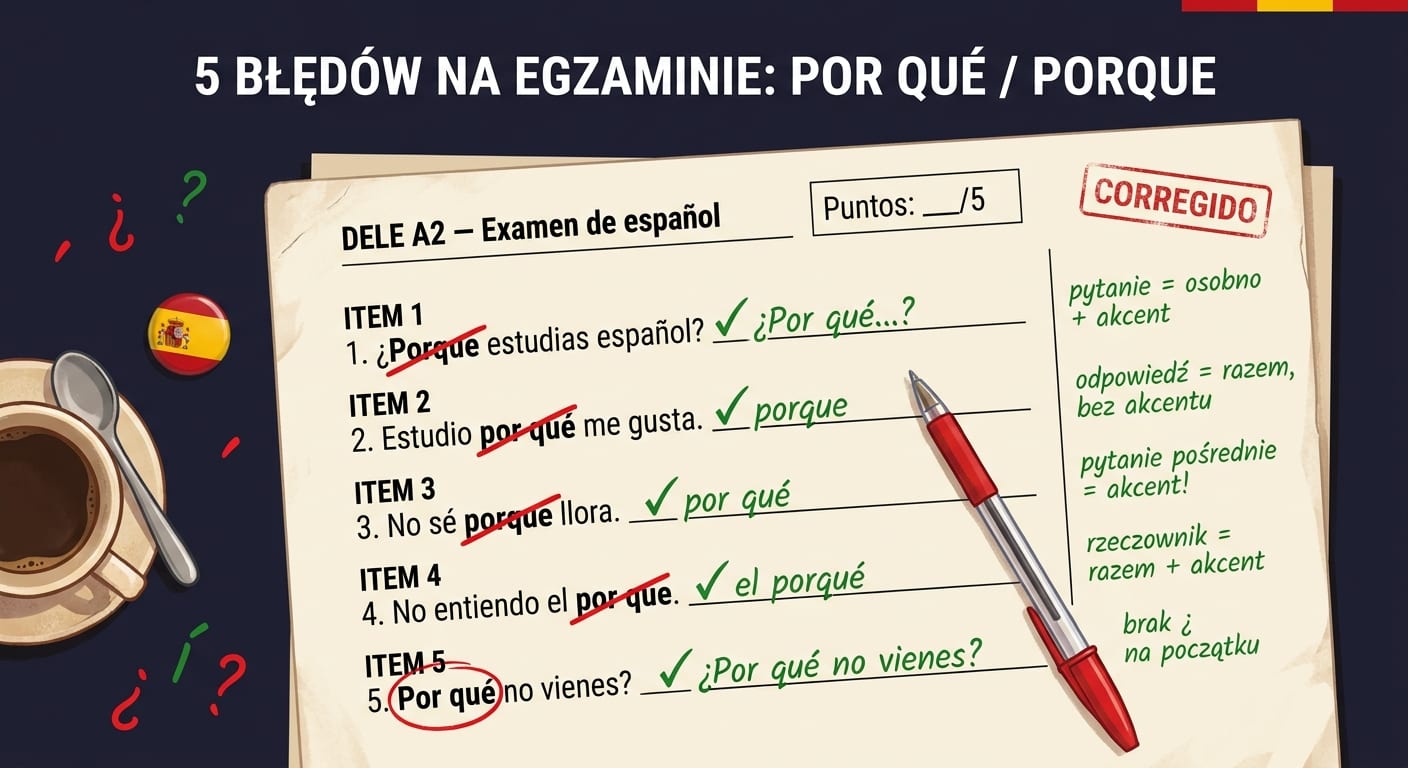 Pięć błędów na kartce egzaminu DELE A2 (Examen de español, stempel CORREGIDO) z czerwonymi poprawkami pióra: ¿Porque estudias español? → ¿Por qué; Estudio por qué me gusta → porque; No sé porque llora → por qué; No entiendo el por que → el porqué; Por qué no vienes? → ¿Por qué (brak ¿ na początku). Po prawej notki nauczyciela: pytanie=osobno+akcent, odpowiedź=razem bez akcentu, pytanie pośrednie=akcent, rzeczownik=razem+akcent, brak ¿ na początku