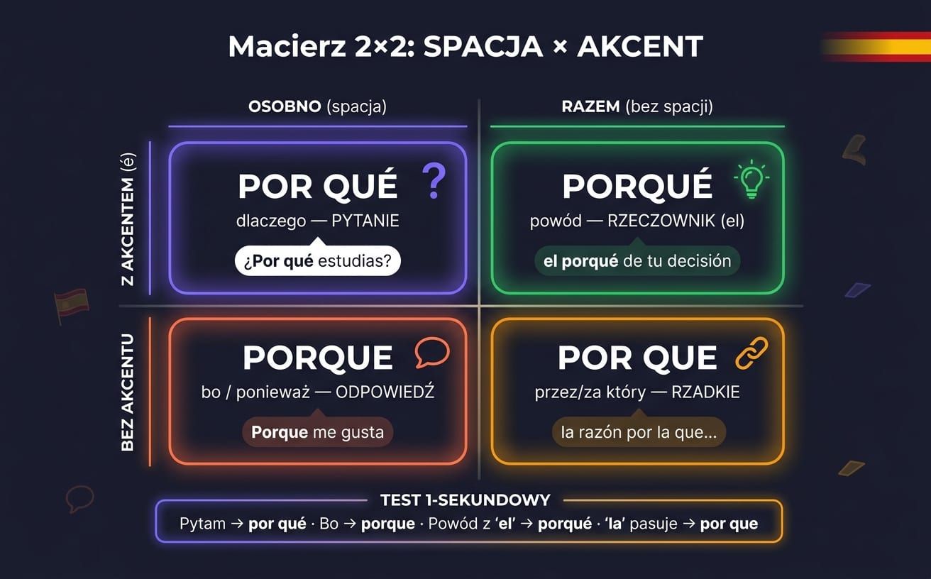 Macierz 2×2: SPACJA (osobno vs razem) × AKCENT (z akcentem é vs bez) daje cztery hiszpańskie formy: POR QUÉ = dlaczego (pytanie, osobno + akcent, ¿Por qué estudias?), PORQUÉ = powód (rzeczownik, razem + akcent, el porqué de tu decisión), PORQUE = bo/ponieważ (odpowiedź, razem + bez akcentu, Porque me gusta), POR QUE = przez/za który (rzadkie, osobno + bez akcentu, la razón por la que…)
