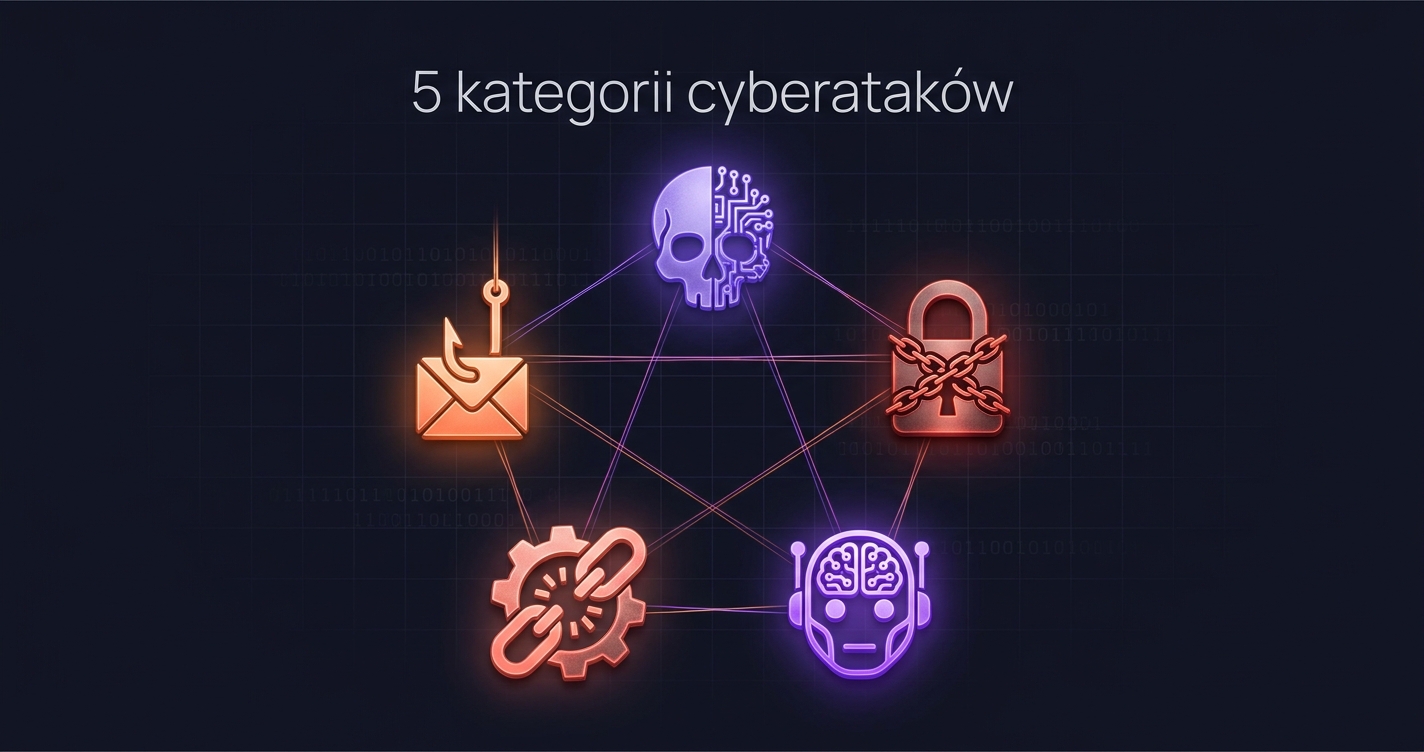 Rodzaje cyberataków — sieć 5 świecących ikon (czaszka, hak, kłódka, łańcuch dostaw, mózg AI) reprezentujących kategorie ataków