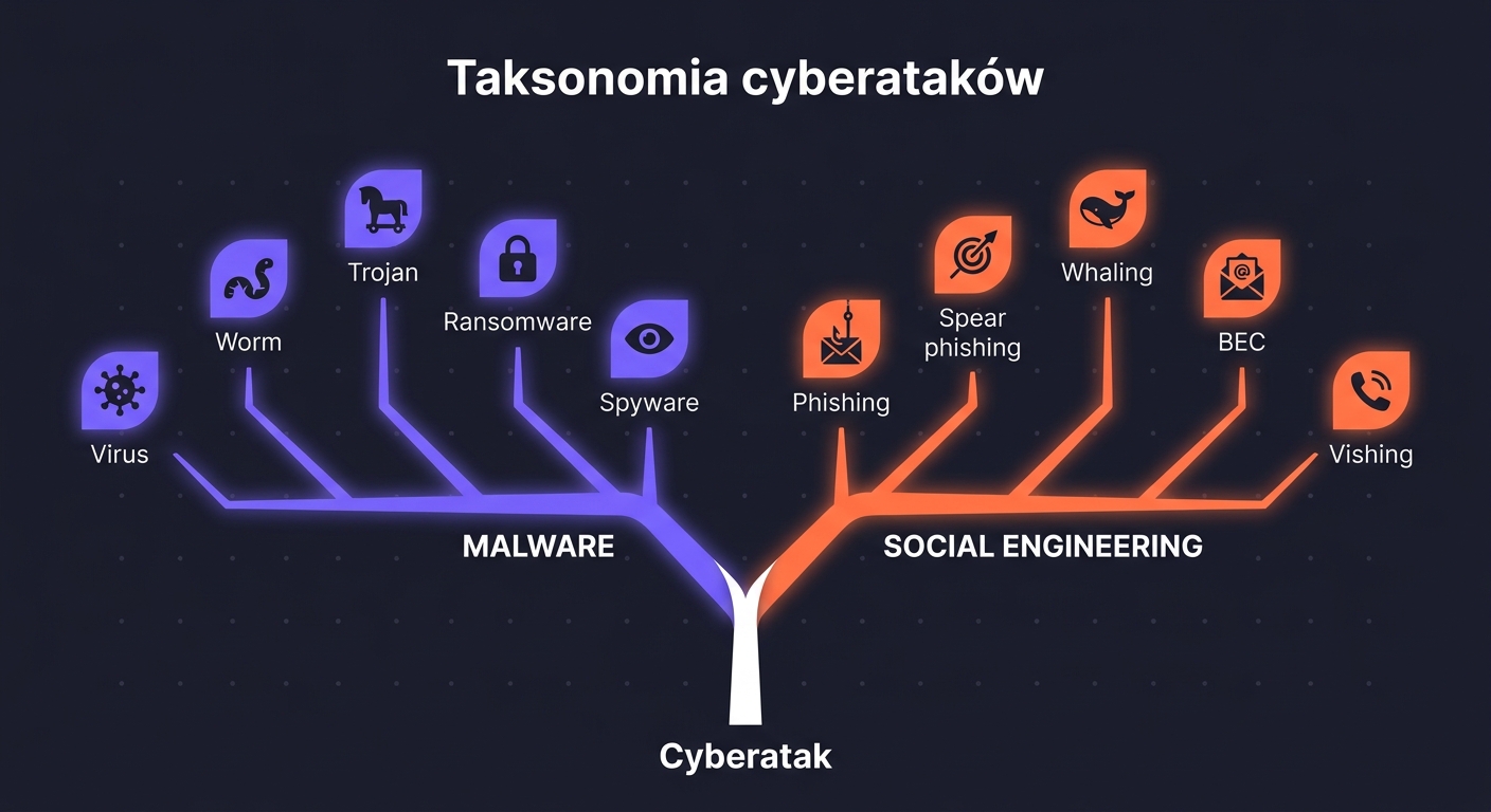 Drzewo taksonomii malware i social engineering — od pnia 'Cyberatak' rozchodzą się dwie główne gałęzie: Malware (10 podgałęzi) i Social Engineering (10 podgałęzi)