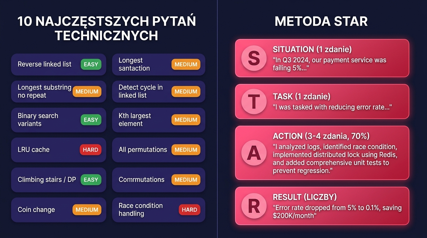 10 najczęstszych pytań technical (Reverse linked list, Longest substring, LRU cache, DP, Race condition) + STAR method (Situation, Task, Action 70%, Result z liczbami)