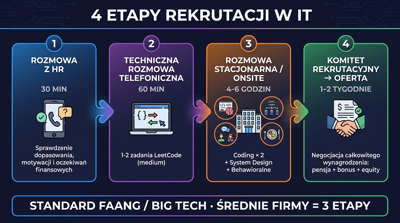 4 etapy rekrutacji w IT — flowchart: rozmowa z HR (30 min), techniczna rozmowa telefoniczna (60 min, 1-2 LeetCode), onsite (4-6 godzin: coding × 2 + system design + pytania behawioralne), komitet rekrutacyjny → oferta (negocjacja całkowitego wynagrodzenia)