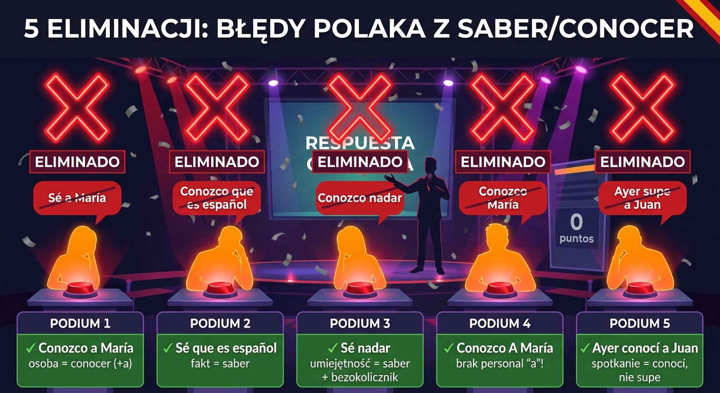 Pięć najczęstszych błędów Polaków przy SABER vs CONOCER — czerwone przekreślenia (Sé a María, Conozco que es español, Conozco nadar, Conozco María, Ayer supe a Juan) i zielone poprawki z regułą personal a oraz fakt=saber, osoba=conocer