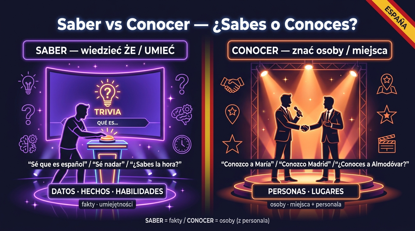 Saber vs Conocer po hiszpańsku — hiszpański teleturniej z dwiema strefami: SABER (pytania faktowe) vs CONOCER (poznawanie gości)