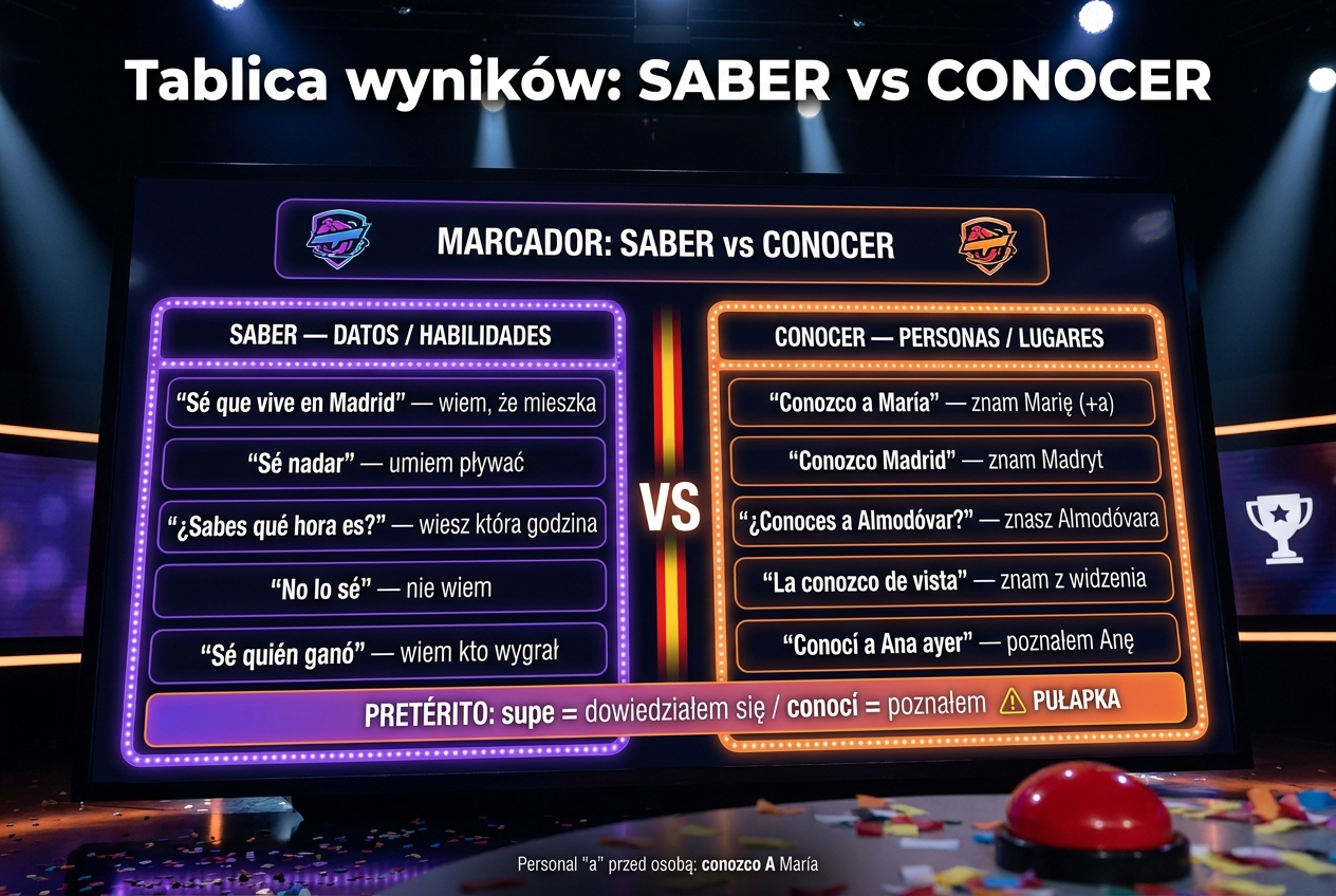 Tablica wyników SABER vs CONOCER — SABER do faktów i umiejętności (wiedzieć, umieć), CONOCER do osób i miejsc (znać), z personal a przed osobą: conozco a María