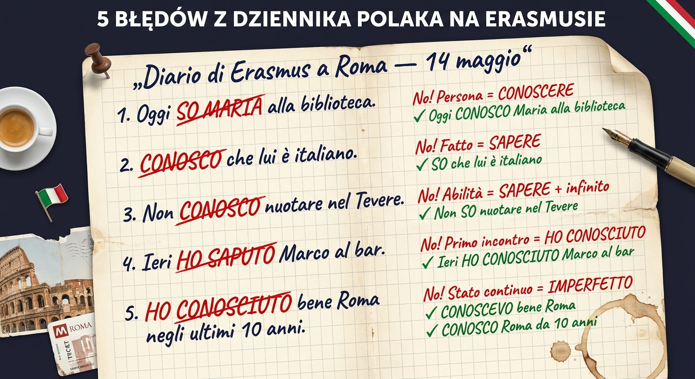 Pięć najczęstszych błędów Polaków przy SAPERE vs CONOSCERE — kafelki z czerwonymi przekreśleniami i zielonymi poprawkami