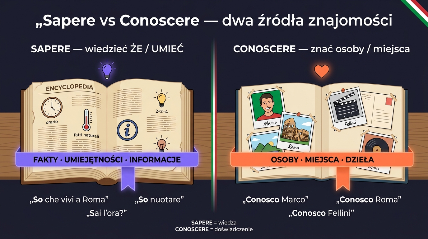 Sapere vs Conoscere po włosku — encyklopedia z faktami (SAPERE = wiedzieć) vs album zdjęć z osobami i miejscami (CONOSCERE = znać)