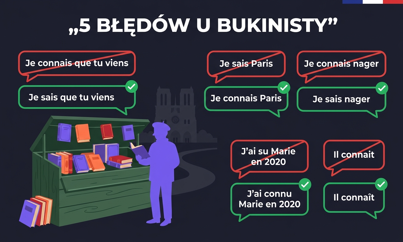 Pięć najczęstszych błędów Polaków przy SAVOIR vs CONNAÎTRE — kafelki z czerwonymi przekreśleniami i zielonymi poprawkami