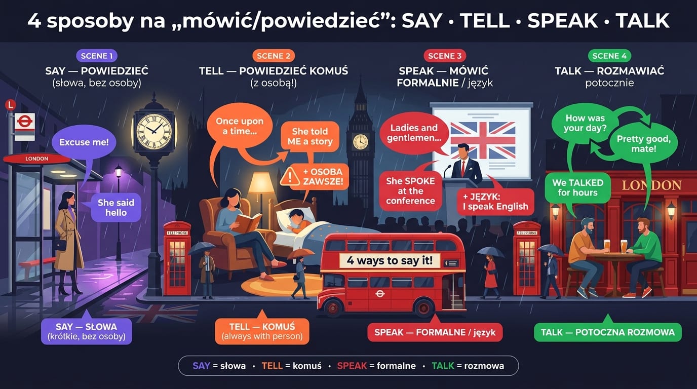 Say / Tell / Speak / Talk po angielsku — londyńska ulica z 4 scenami komunikacji: SAY (kobieta na przystanku autobusowym mówi „excuse me”), TELL (rodzic opowiada dziecku bajkę), SPEAK (biznesmen wygłasza mowę na podium), TALK (przyjaciele w pubie rozmawiają)
