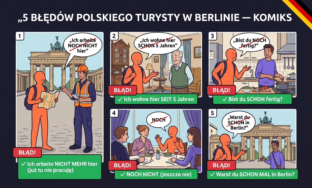 Pięć najczęstszych błędów Polaków przy SCHON vs NOCH — kafelki z czerwonymi przekreśleniami i zielonymi poprawkami