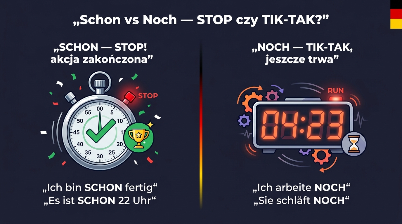 Schon vs Noch po niemiecku — dwa stopery: lewy ZAKOŃCZONY na 00:00 z metą (SCHON = już) vs prawy w trakcie z odliczaniem 04:23 i tickającym mechanizmem (NOCH = jeszcze)