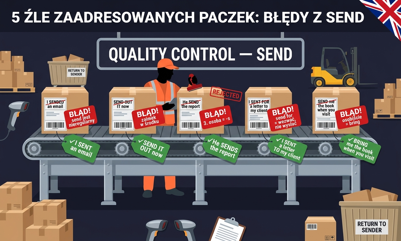 Pięć źle zaadresowanych paczek na taśmie kontroli jakości — najczęstsze błędy Polaków z SEND (sended, send-out it now, He send, send for, send me) z czerwonymi etykietami BŁĄD i zielonymi poprawkami
